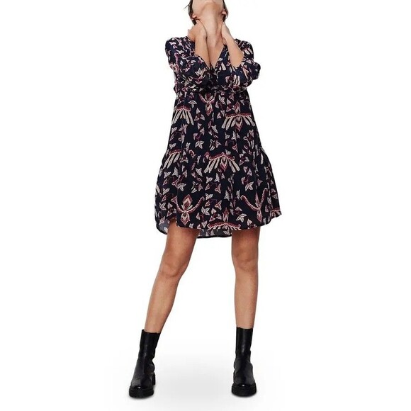 ba&sh Calix Dress Womens Small Bleunuit Pleated Empire Waist Boho Printed - Picture 1 of 16